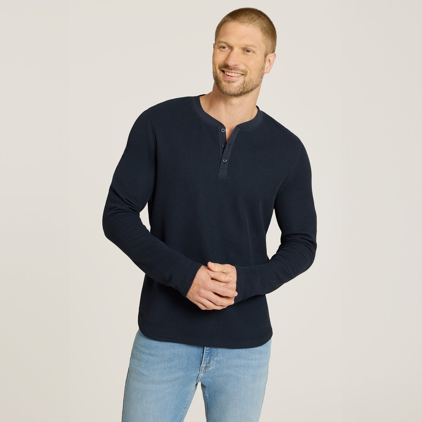Cotton Waffle Curved Hem Henley